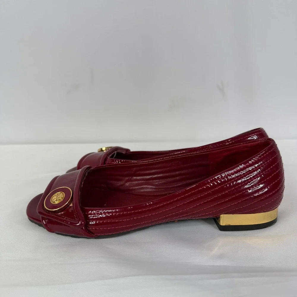 Tory Burch Red Patent Leather Quilted Open Toe Logo Medallion Flats Shoes